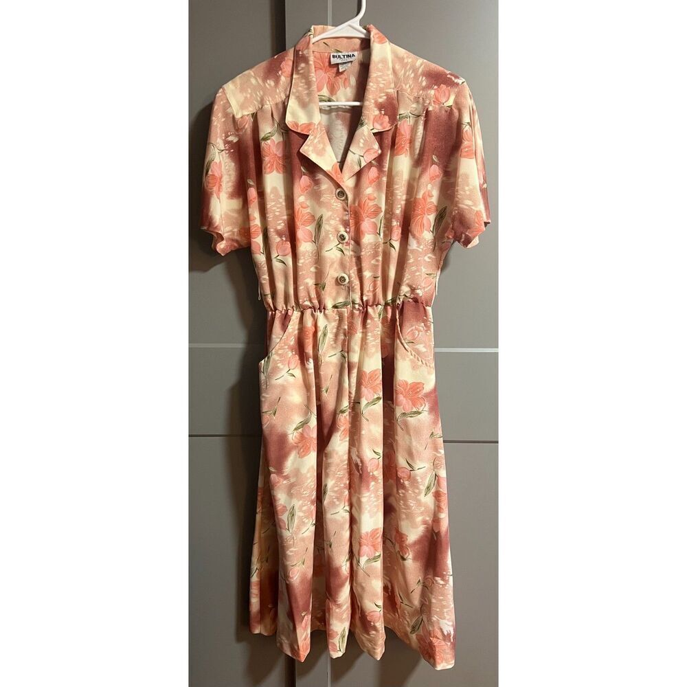 Bultina Women Short Sleeve 80s Floral Print Shoulder Pads Midi Dress Pink Large